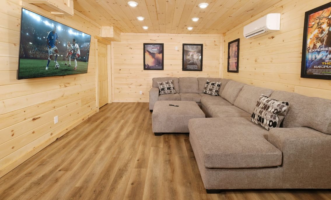 Theater room with sectional and big screen